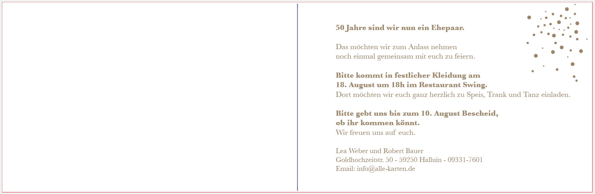 Gestaltungsbeispiel für den Einladungstext auf der rechten Innenseite, Einladung zur goldenen Hochzeit