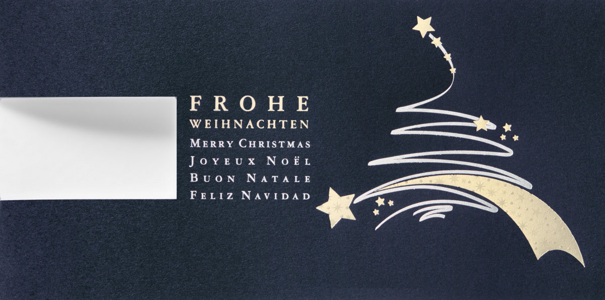 Weihnachtskarte mit gutem Zweck: Deutsche Krebshilfe - Frohe Weihnachten international Logokarte