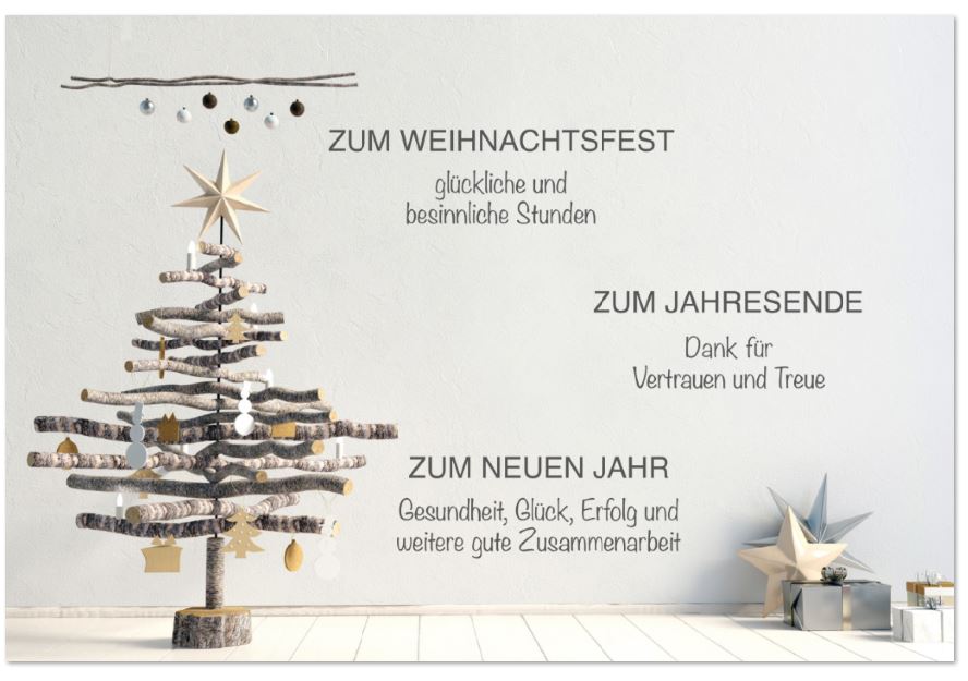 Moderne Firmenweihnachtskarte mit dankenden Worten sowie Weihnachts- und Neujahrsgruß