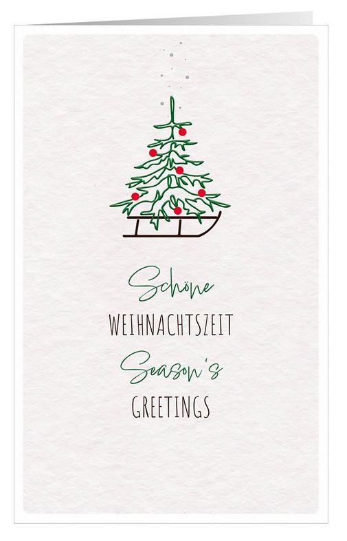 Weiße Weihnachtskarte mit deutsch-englischem Weihnachtsgruß und Weihnachtsbaum auf Schlitten.