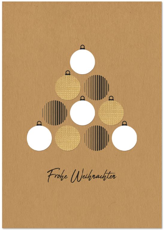 Naturbraune Weihnachtskarte im modernen Design mit Christbaumkugeln und "Frohe Weihnachten"