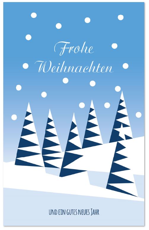 Winterliche Weihnachtskarte mit gezackten Bäumen im tiefen Schnee und Weihnachtsgruß