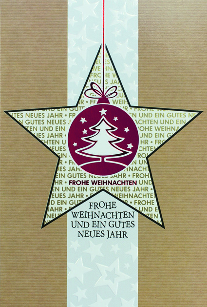 Weihnachtskarte mit reliefgeprägtem Hochglanzdruck von Sternen, Christbaum und Baumkugel