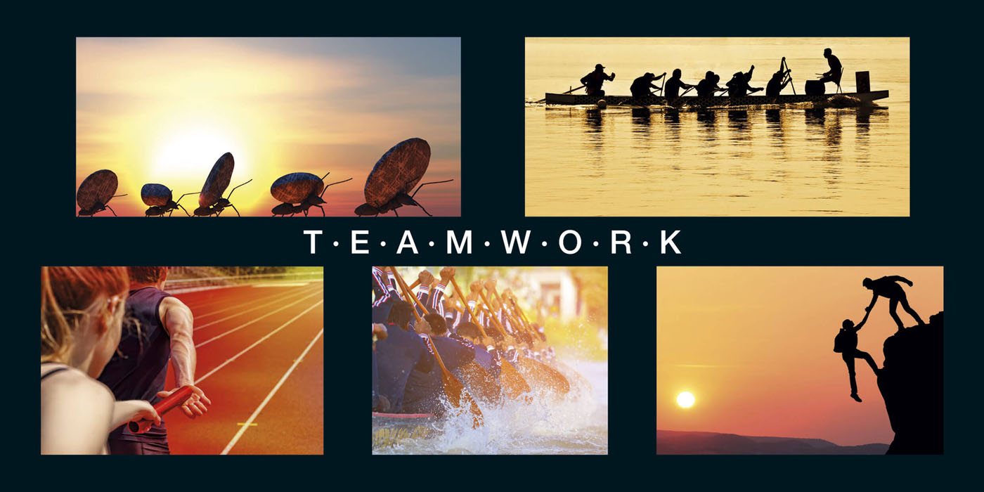 Neujahrskarte Teamkarte Teamwork mit Fotomotiven aus dem Bereich Sport in Orange und Schwarz