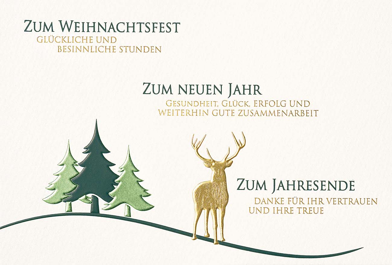 Firmen-Weihnachtskarte mit goldenem Hirsch und geschäftlichen Weihnachtsgrüßen mit Dank