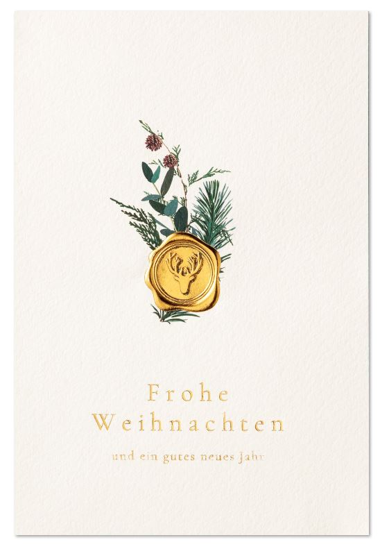 Naturweiße Weihnachtskarte mit Goldfolienprägung und floralem Druck, inkl. Einleger innen