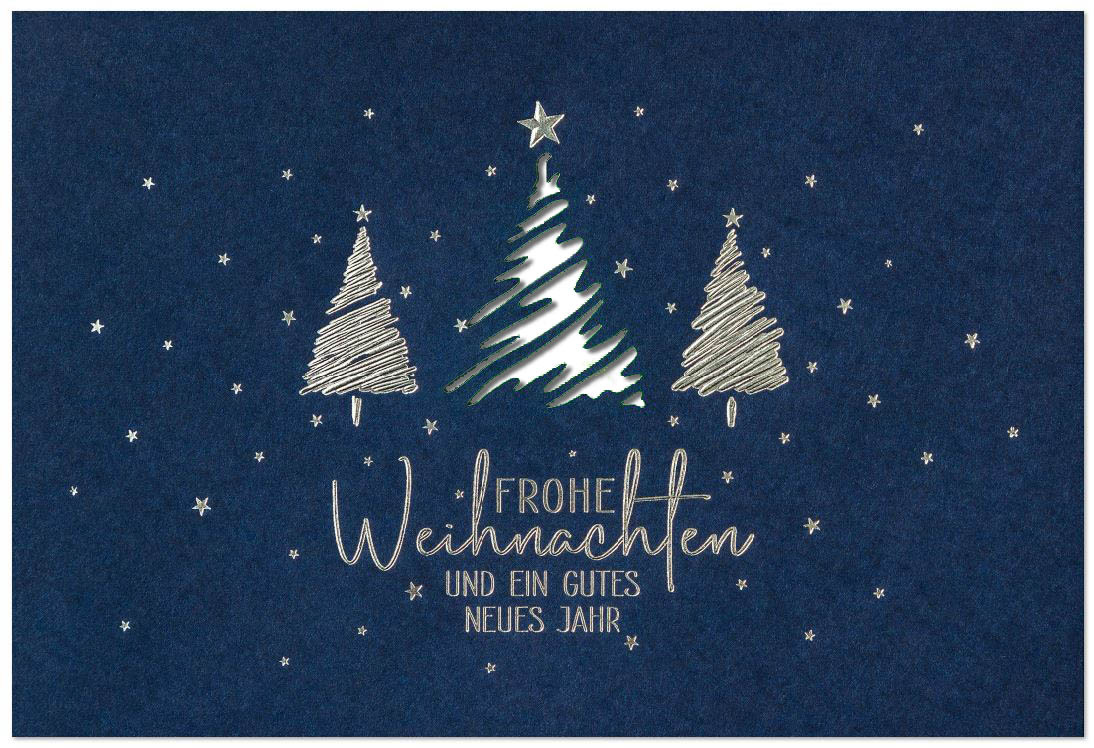 Blaue Weihnachtskarte mit Laserstanzung Baum und Silberfolienprägung, Einleger weiß