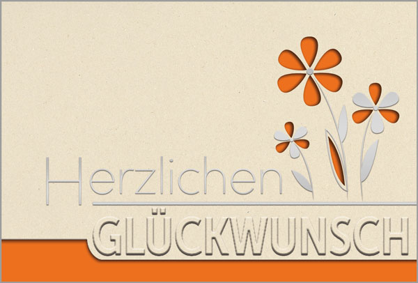 Glückwunschkarte aus Naturkarton mit ausgestanzten Blütenblättern, Blind- und Silberfolienprägung 