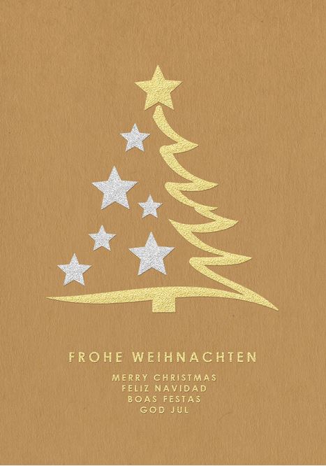 Naturbraune Weihnachtskarte mit mehrsprachigen Weihnachtsgrüßen und Foliendruck, inkl. Einleger