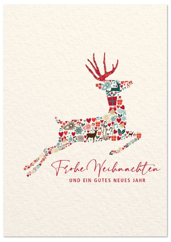 Weihnachtskarte mit einem springenden Hirsch und "Frohe Weihnachten und ein gutes neues Jahr"