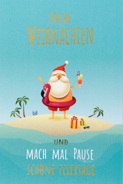 Humorvolle Weihnachtskarte mit dem Weihnachtsmann auf einer Insel im Meer und Weihnachtsgruß