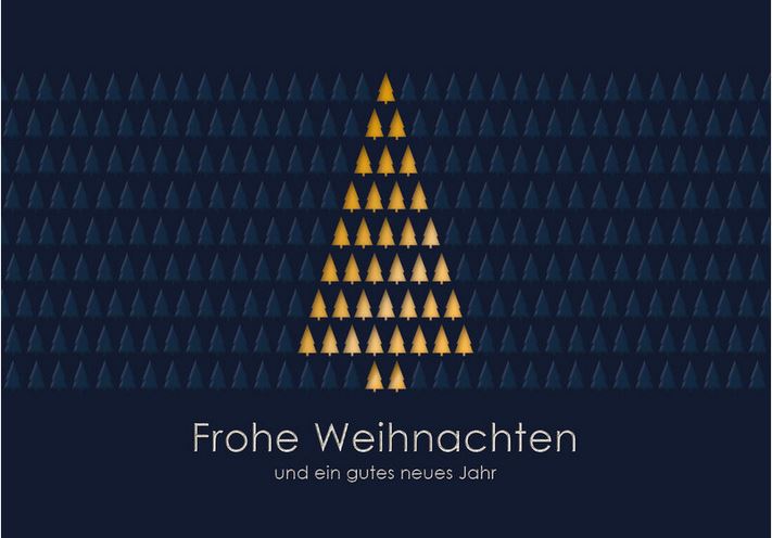 Dunkelblaue Weihnachtskarte als Stanzkarte mit fühlbarer Blind- und Silberfolienprägung, Einleger gold