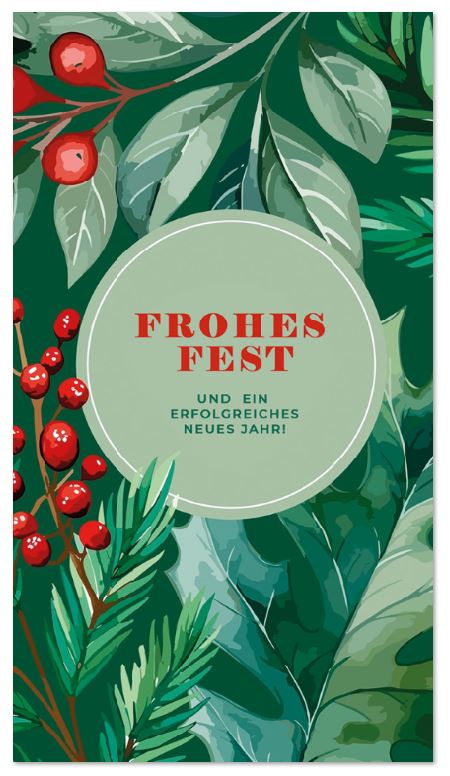 Florale Weihnachtskarte mit roten Beeren, grünen Blättern und geschäftlichen Weihnachtsgrüßen im praktischen Kleinformat
