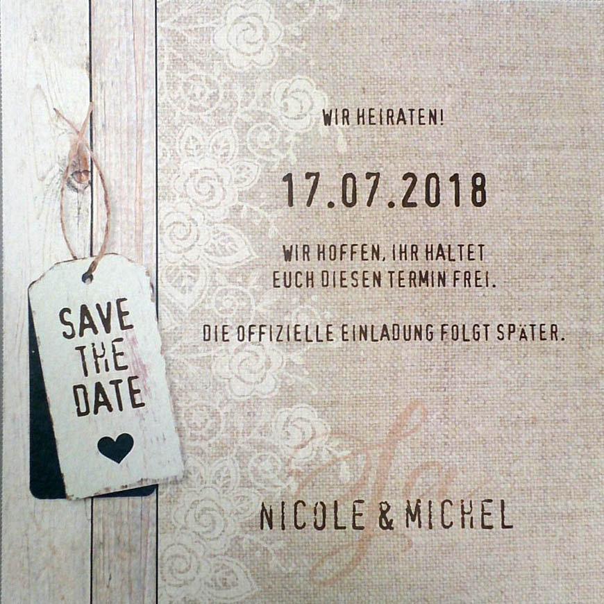 Save the Date Karte / Dankkarte mit Leinenaufdruck, Holzeffekt