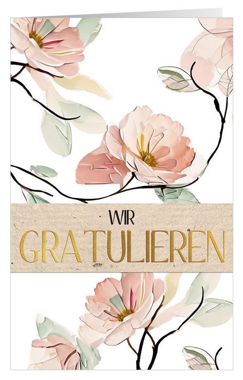 Blumige Glückwunschkarten mit rosa Blüten und dem Schriftzug "Wir gratulieren"