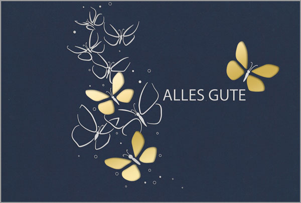 Laser-Glückwunschkarte blau mit silberner Prägung „Alles Gute“, Schmetterlingen und Einleger in gold