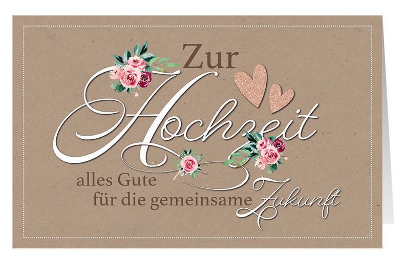 Romantische Glückwunschkarte zur Vermählung mit Rosenblüten und zwei kleinen Herzchen