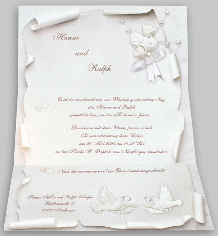 Hochzeitskarte/Hochzeitsbrief mit Herzen, Ringen, Rosen & Tauben