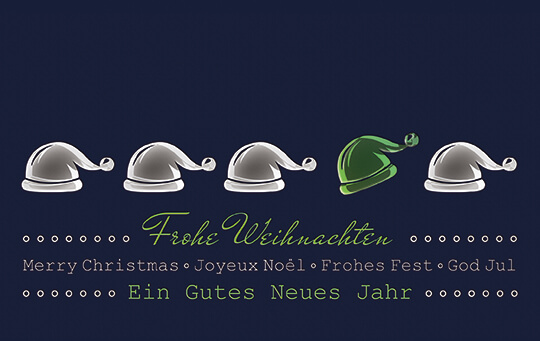 Weihnachtskarte mit gutem Zweck zugunsten der Deutschen Kinderkrebsstiftung und Weihnachtsmützen