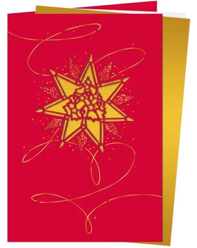 Rote Weihnachtskarte mit goldenem Einlegeblatt und Stern in Laserstanzung