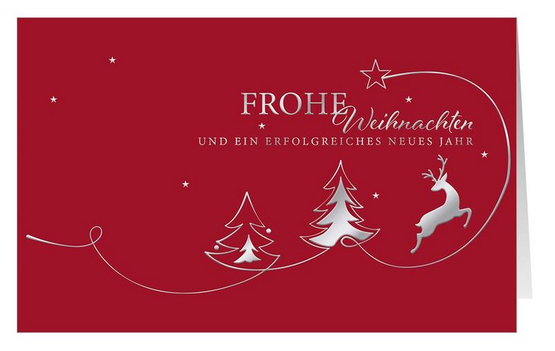 Rote Firmenweihnachtskarte mit springendem Hirsch und Gruß in silberner Prägung