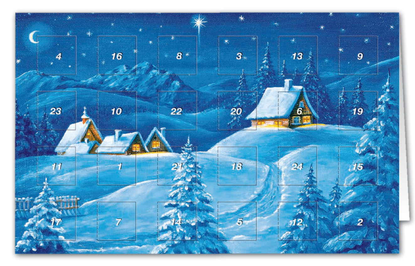 Adventskalenderkarte mit 24 Türchen zum Öffnen und Motiv einer verschneiten Winterlandschaft