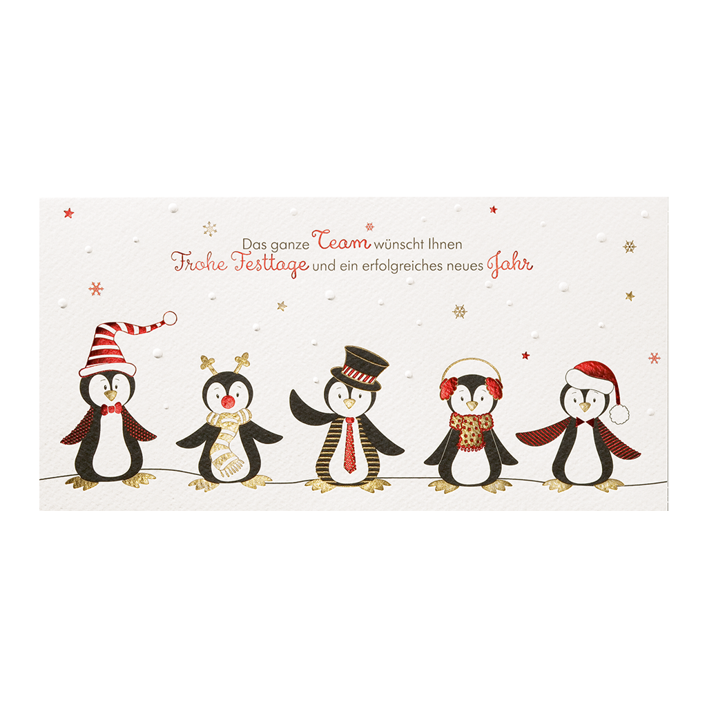 Spenden Weihnachtskarte lustige Team Pinguine - zugunsten Deutsche Kinderhilfe