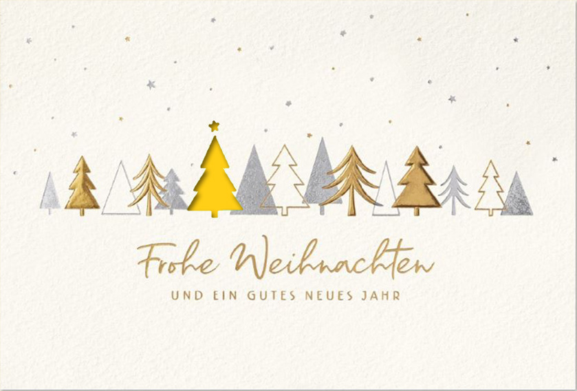 Weiße Weihnachtskarte mit Folienprägung gold und silber, Stanzung Baum und Einleger in gelb