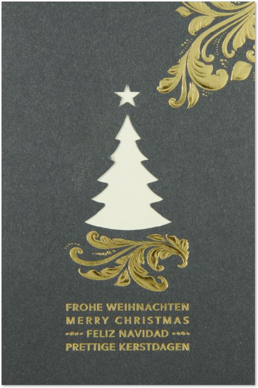 Graue Weihnachtskarte mit goldener Folienprägung für die Deutsche Alzheimer Gesellschaft