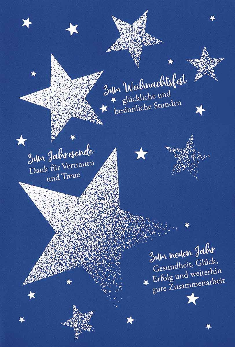 Blaue Weihnachtskarte mit geschäftlichen Grüßen und Dank für Vertrauen und Treue