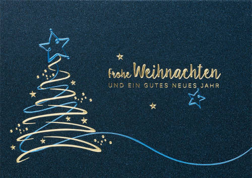 Dunkelblaue Weihnachtskarte mit abstraktem Baum, Sternen und Weihnachtsgruß, inkl. Einleger