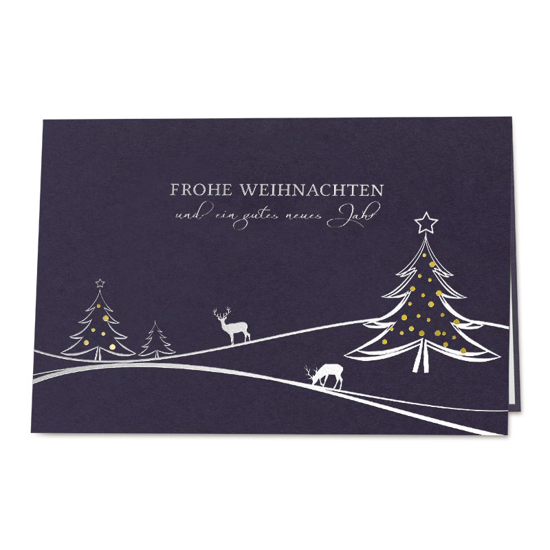 Edler Weihnachtsgruß in blau mit Silber- und Goldfolienprägung von Gruß, Tannen und Hirschen