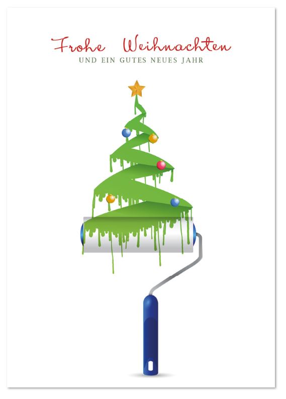Originelle Branchenweihnachtskarte für Maler und Verputzer mit Pinsel, grüner Farbe und weihnachtlichen Grüßen