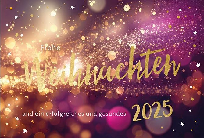 Funkelnde Weihnachtskarte mit Jahrszahl 2025 und geschäftlichen Weihnachts- und Neujahrsgrüßen