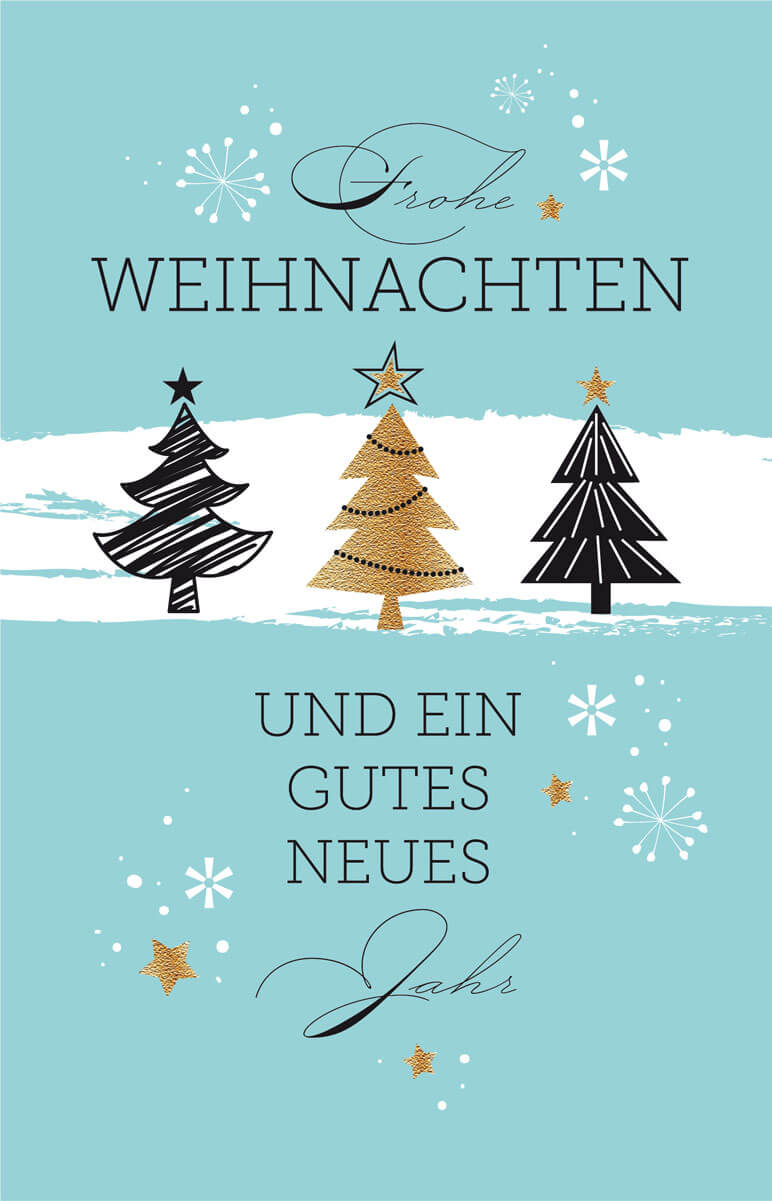 Weihnachtliche Grußkarte mit drei Tannenbäumen und Sternen sowie Weihnachtsgruß