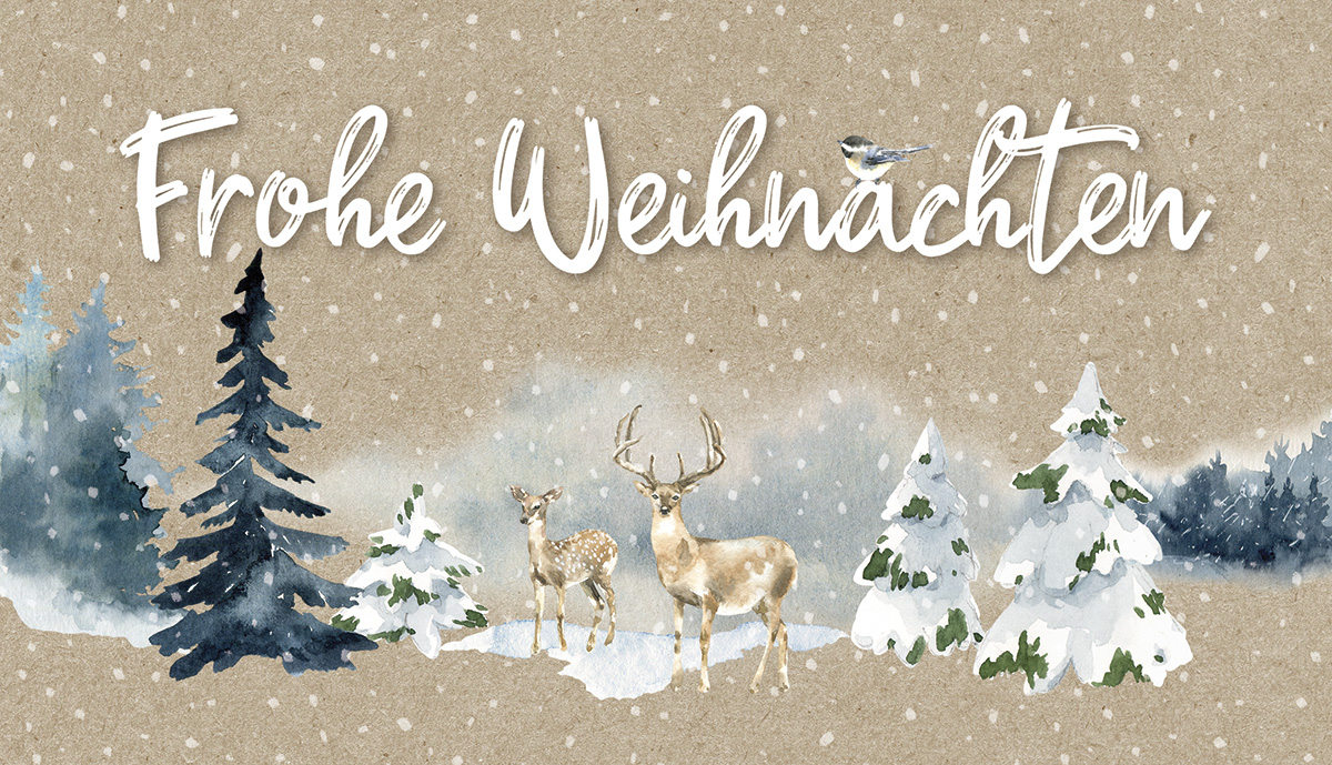 Kompakte Weihnachtskarte im kleinen Format mit Hirschen im Winterwald und "Frohe Weihnachten".