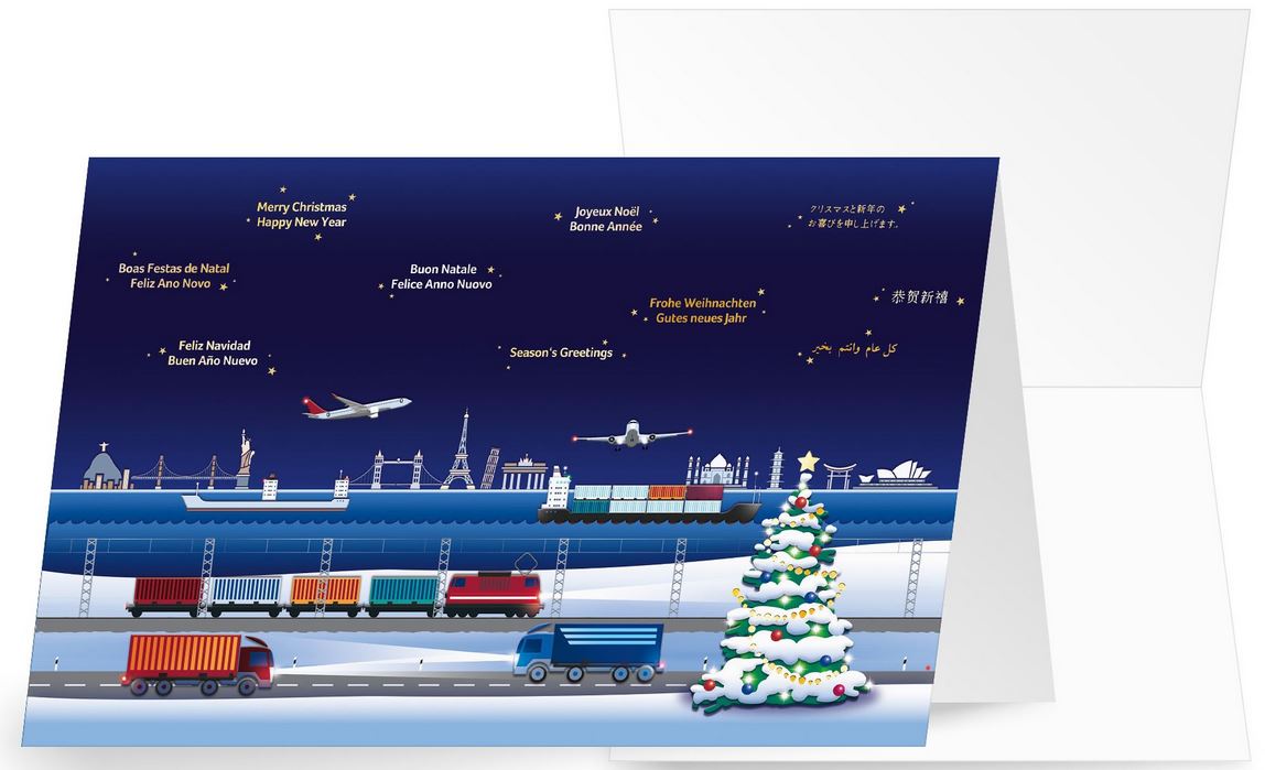 Blaue Weihnachts-Branchenkarte mit internationalen Grüßen für Transport- und Frachtunternehmen aller Art