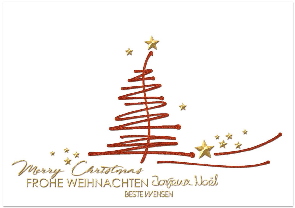 Mehrsprachige Weihnachtskarte mit abstraktem Weihnachtsbaum und goldenen Sternen