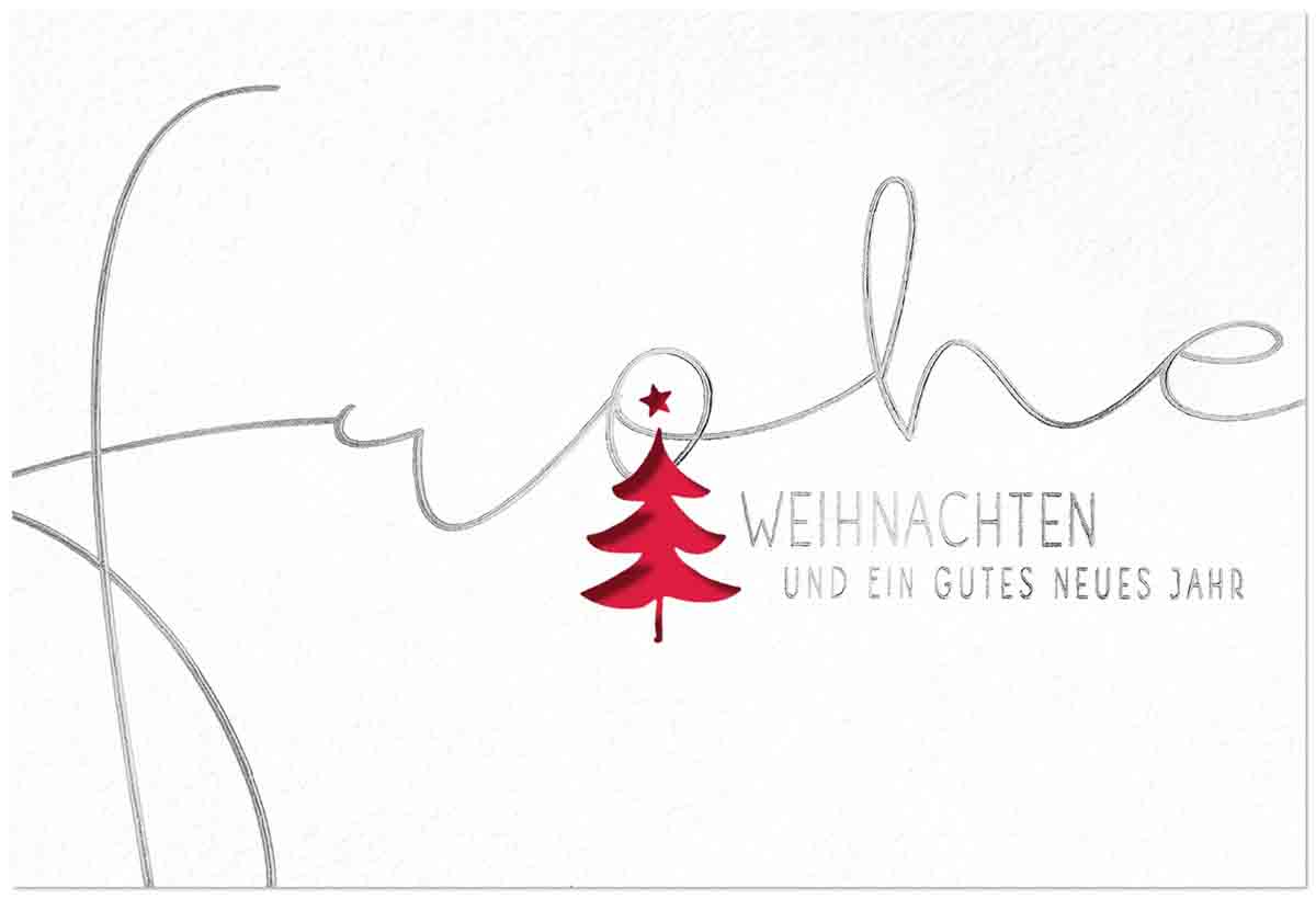 Weiße Weihnachtskarte mit Stanzung, rotem Einlegeblatt und Silberprägung