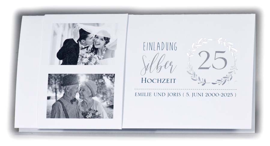 Jubiläumskarte zur Silberhochzeit mit eigenen Fotos und Lorbeerkranz in silber