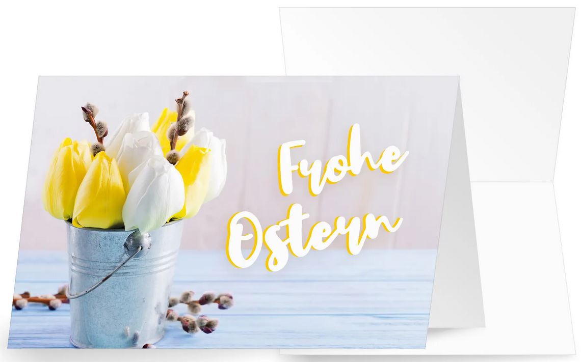 Osterkarte mit Tulpenblüten und Palmkätzchen in silbernem Übertopf sowie Gruß "Frohe Ostern"