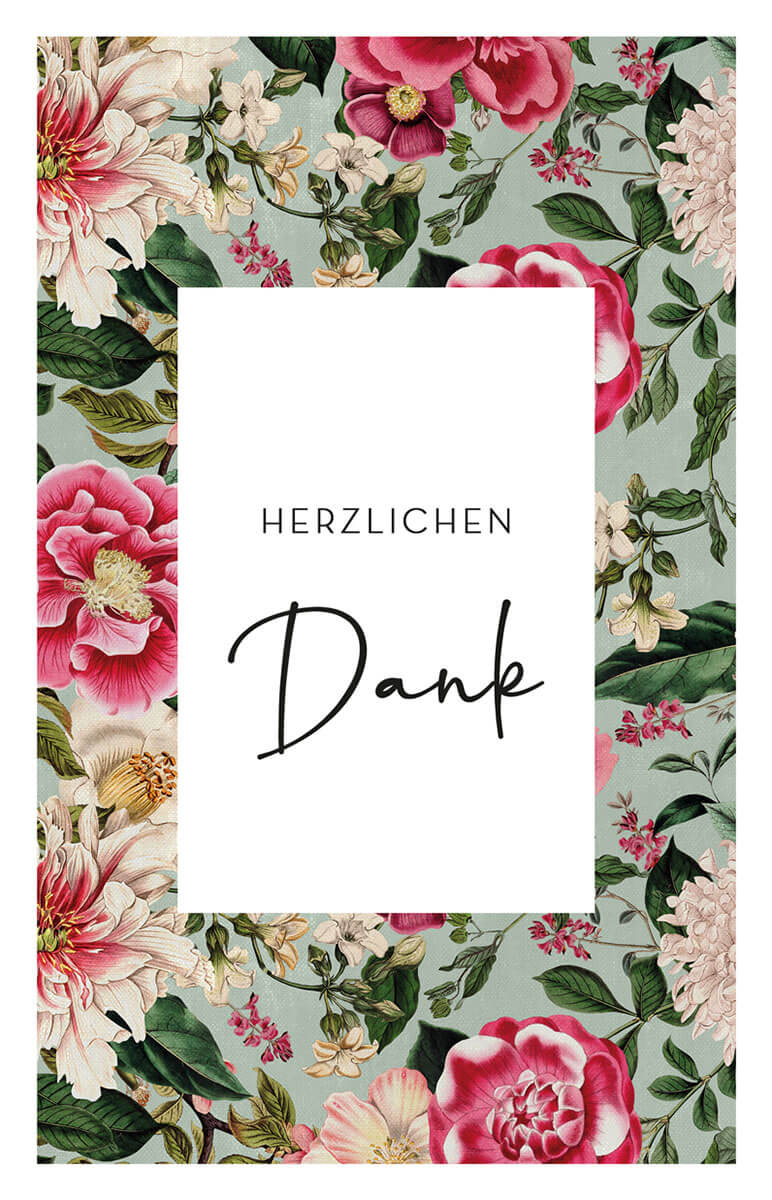 Dankeskarte mit einem Meer aus Blüten und den Worten "Herzlichen Dank" im Hochformat