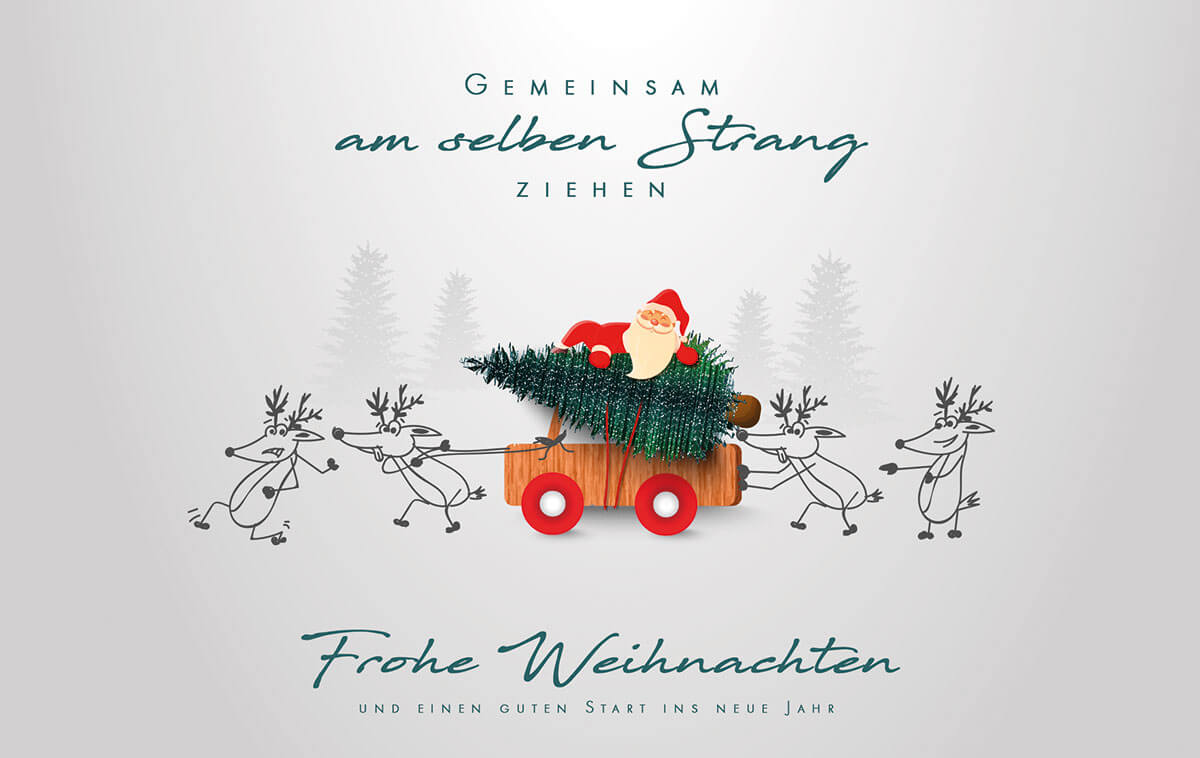 Humorvolle Firmenweihnachtskarte mit Weihnachtsmann und Tannnenbaum im Holzauto