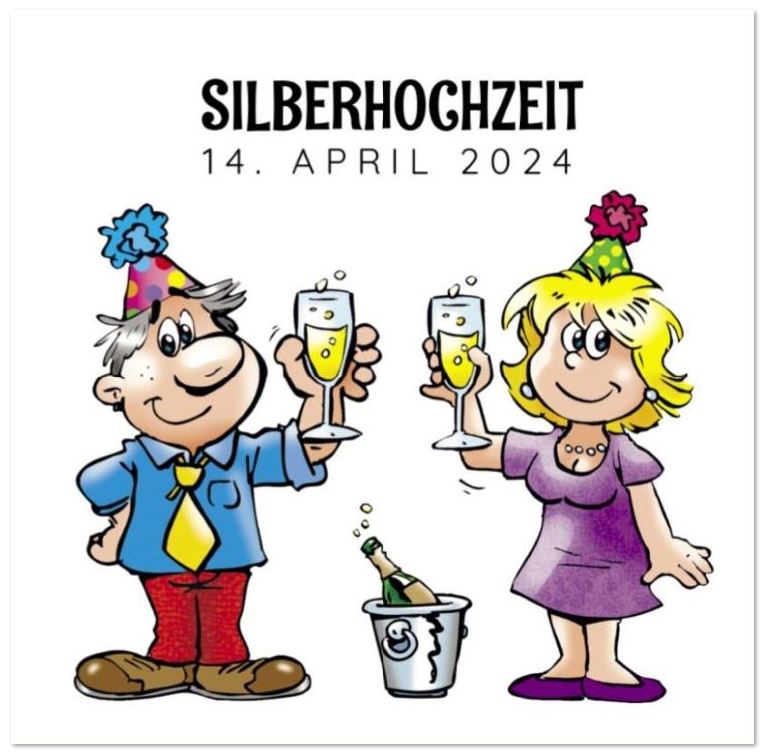 Fröhliche Einladungskarte zur Silberhochzeit mit glücklichem Pärchen beim Anstoßen mit Sekt