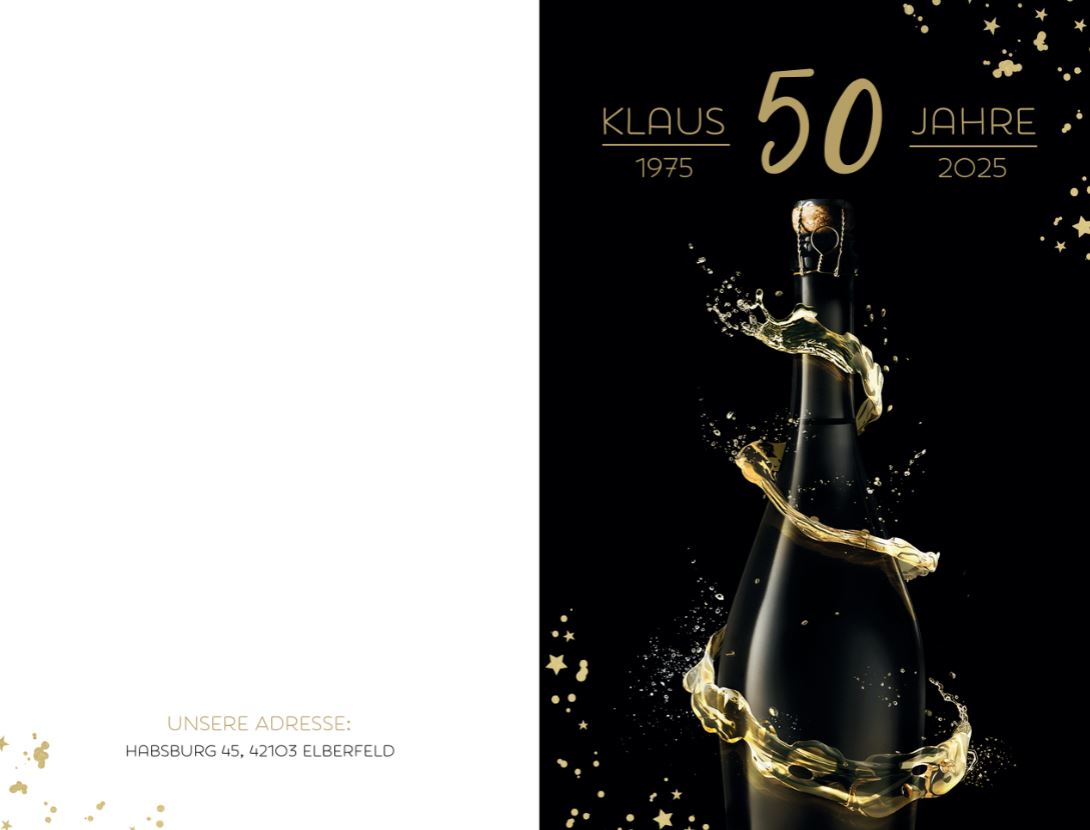 Stilvolle Einladungskarte mit Champagner-Flasche in schwarz-gold Gestaltung im Beispiel zum 50. Geburtstag.