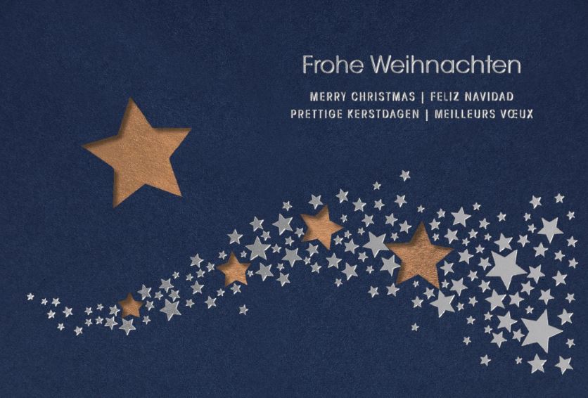 Internationale Weihnachtsgrußkarte mit Laserstanzung und Folienprägung von Sternen inkl. Einlegeblatt