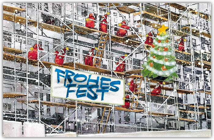 Humorvolle Weihnachtsbranchenkarte für Gerüstbaufirmen mit "Frohes Fest" und Weihnachtsbaum