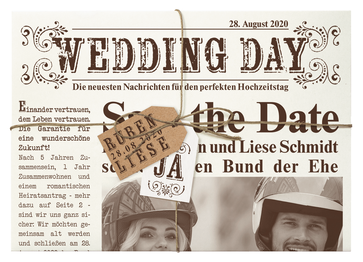 Originelle Hochzeitseinladung als Zeitung mit Schnur und Anhängekärtchen