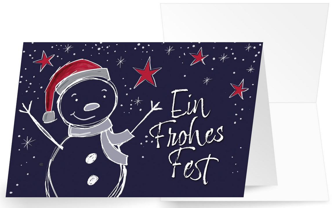 Humorvolle Spendenweihnachtskarte mit kleinem Schneemann und Sternen für Ärzte ohne Grenzen