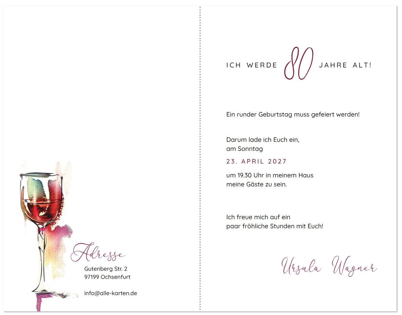 Geburtstags-Einladungkarte zum 80. Geburtstag mit Rotweinglas im Aquarelldesign als Klappkarte mit Einladungstext auf den Innenseiten.